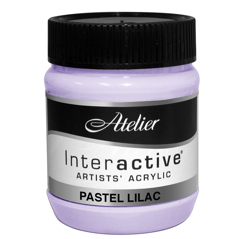 Chroma Atelier Interactive Pastel Lilac 250ml jar on its own, black screw lid, front label reading Atelier, Interactive Artists' Acrylic and Pastel Lilac