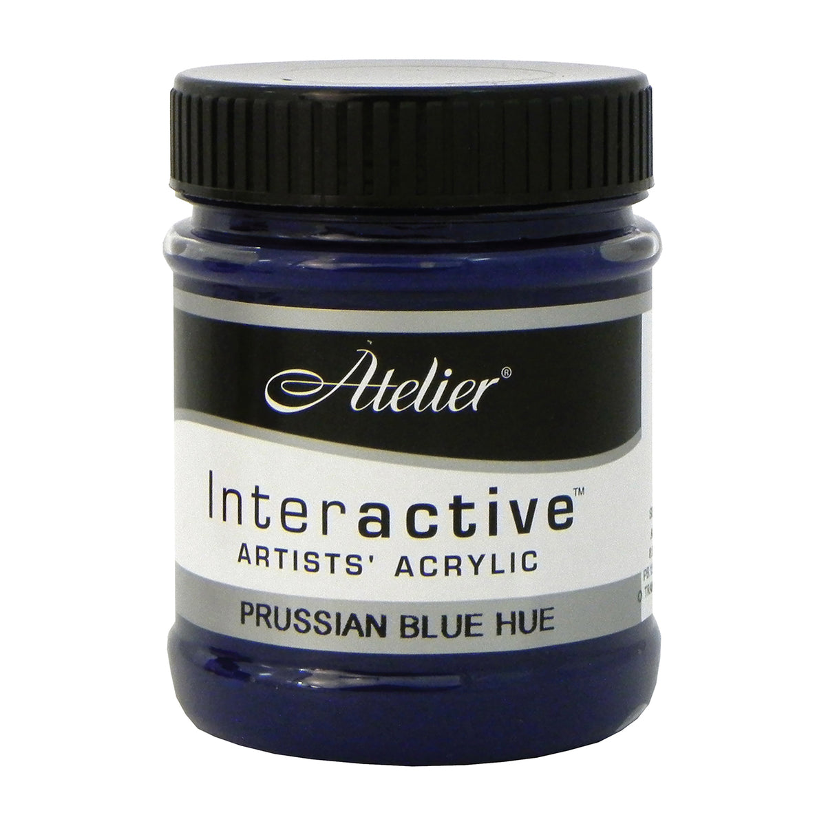 Chroma Atelier Interactive Acrylic Paint 250ml Prussian Blue Hue: front view of the jar, label reading Interactive Artists' Acrylic PRUSSIAN BLUE HUE