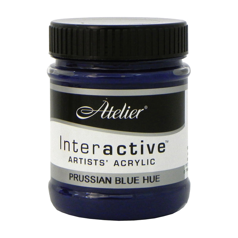 Chroma Atelier Interactive Acrylic Paint 250ml Prussian Blue Hue: front view of the jar, label reading Interactive Artists' Acrylic PRUSSIAN BLUE HUE