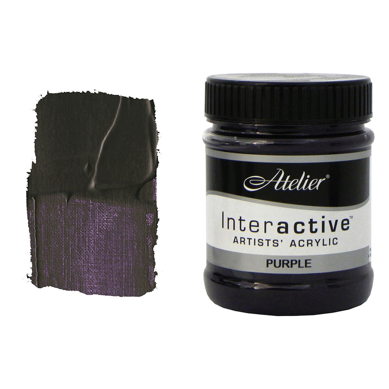 Chroma Atelier Interactive Acrylic Paint 250ml Purple: jar beside a thick painted swatch of a very dark purple that looks near black in mass