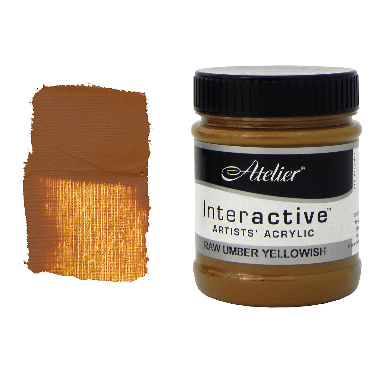 Chroma Atelier Interactive Raw Umber (Yellowish) 250ml jar with black screw lid beside a painted swatch showing a warm golden brown, close to a toasted ochre, with a slightly lighter tone where the canvas texture shows