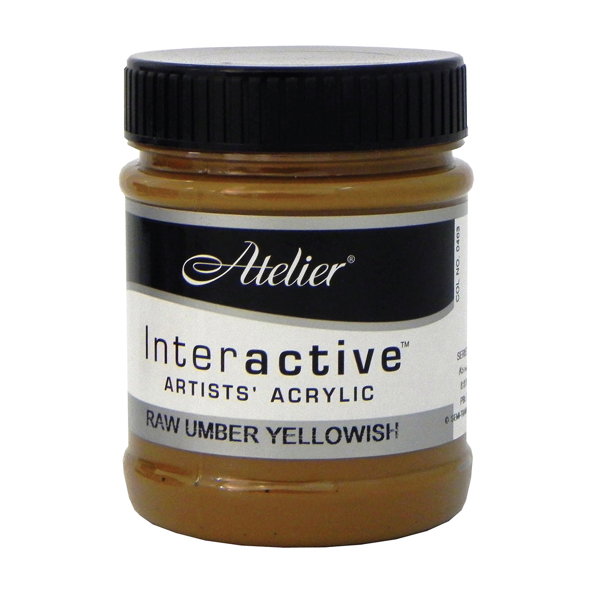 Chroma Atelier Interactive Raw Umber (Yellowish) 250ml jar on its own, black screw lid, front label reading Atelier, Interactive Artists' Acrylic and Raw Umber Yellowish