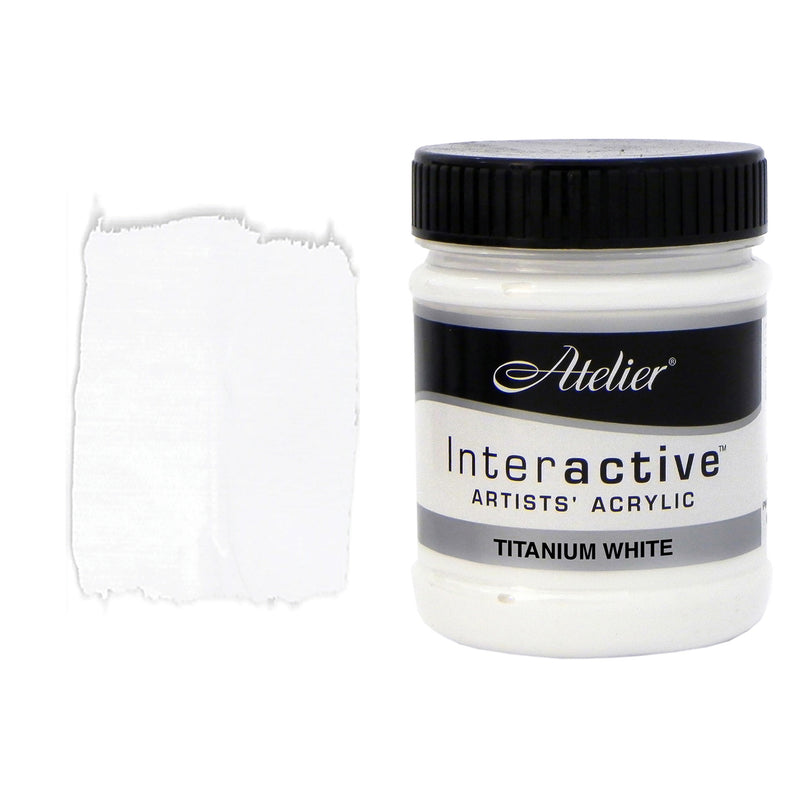 Chroma Atelier Interactive Acrylic Paint 250ml Titanium White: jar beside a thick painted swatch of a clean, bright white