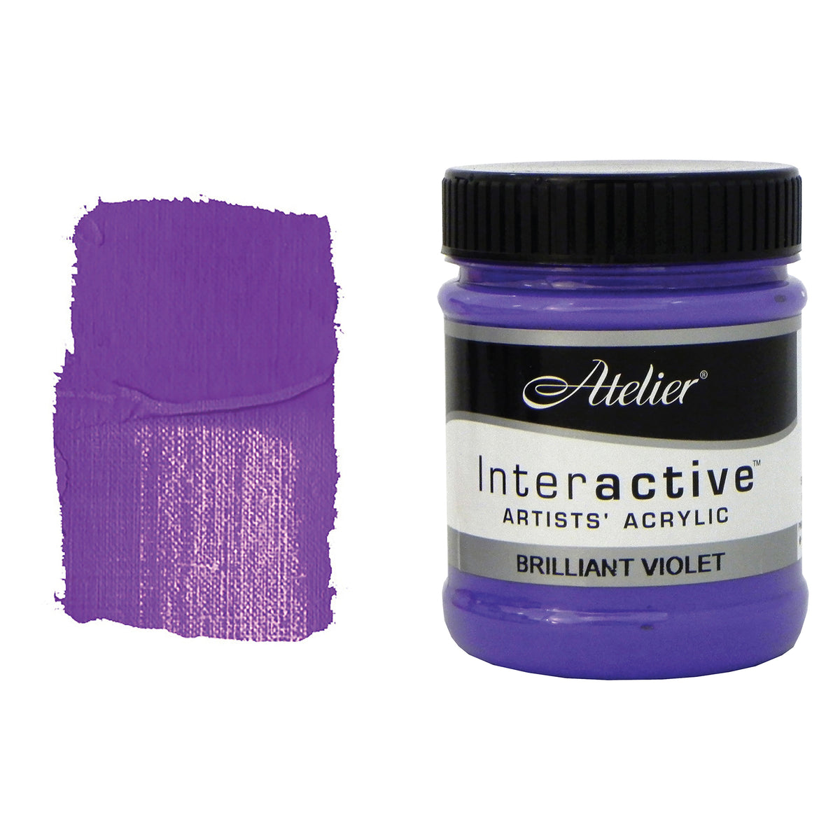 Chroma Atelier Interactive Acrylic Paint 250ml Brilliant Violet: jar beside a thick painted swatch of a vivid blue-violet