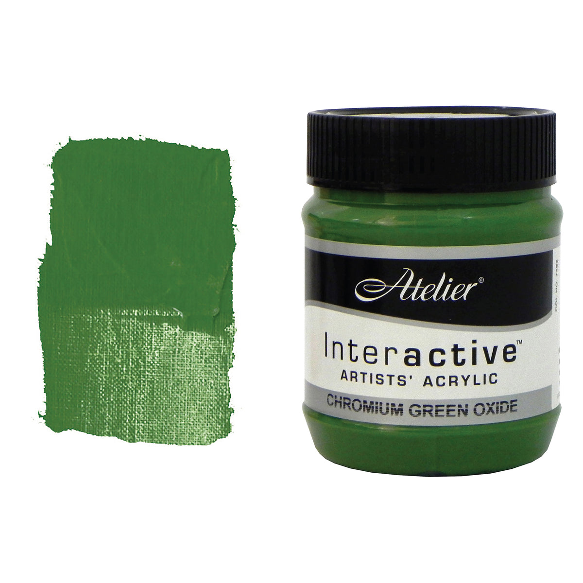 Chroma Atelier Interactive Acrylic Paint 250ml Chromium Green Oxide: jar beside a thick painted swatch of a mid, slightly muted leaf green