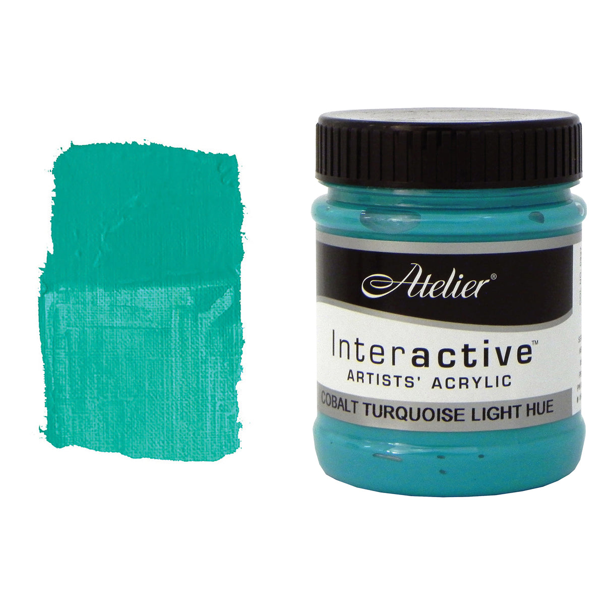 Chroma Atelier Interactive Acrylic Paint 250ml Cobalt Turquoise Light Hue: jar beside a thick painted swatch of a bright turquoise