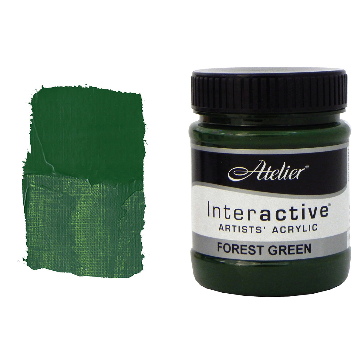 Chroma Atelier Interactive Acrylic Paint 250ml Forest Green: jar beside a thick painted swatch of a deep, dark green