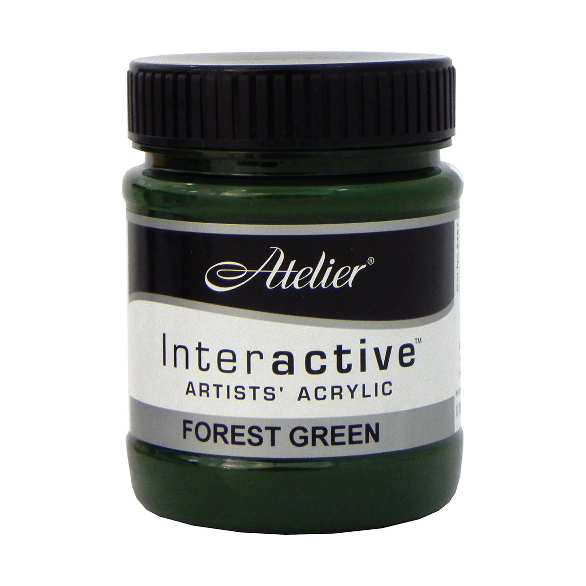 Chroma Atelier Interactive Acrylic Paint 250ml Forest Green: front view of the jar, label reading Interactive Artists' Acrylic FOREST GREEN