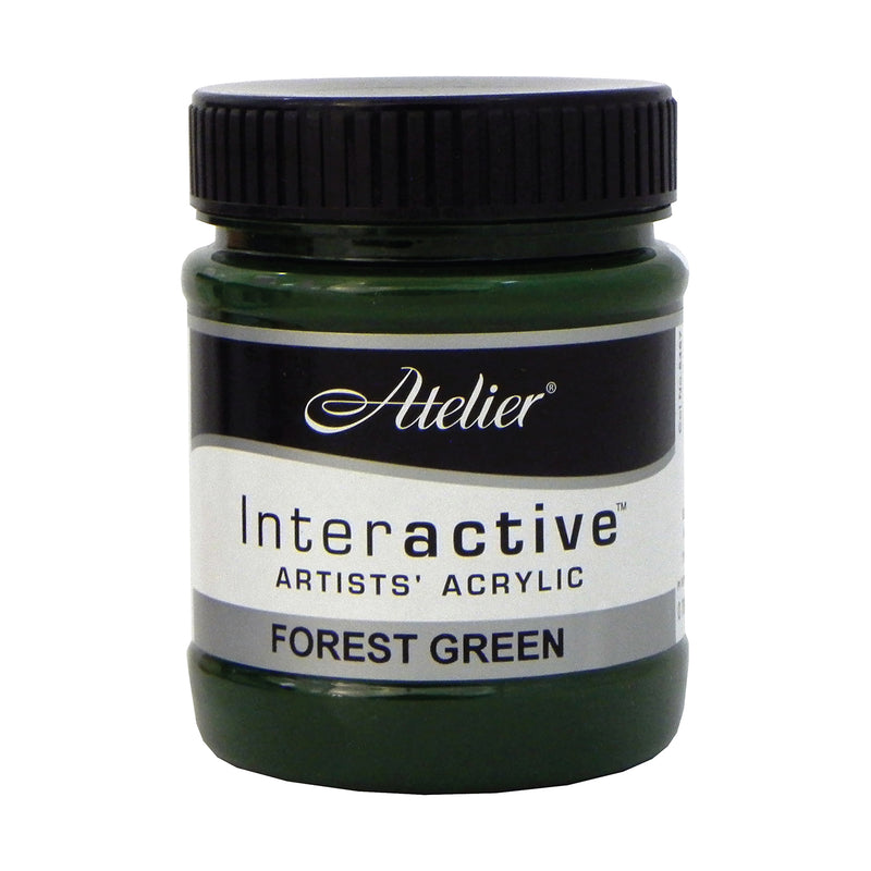 Chroma Atelier Interactive Acrylic Paint 250ml Forest Green: front view of the jar, label reading Interactive Artists' Acrylic FOREST GREEN