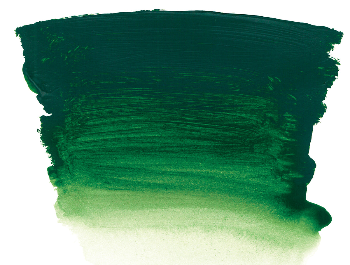 Chroma Atelier Interactive Acrylic Paint 250ml Forest Green: brushed swatch going from a shaded pine green to a bright yellow-green at its thinnest