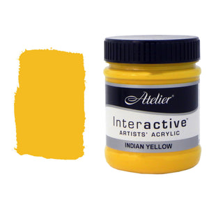 Chroma Atelier Interactive Acrylic Paint 250ml Indian Yellow: jar beside a thick painted swatch of a warm, saturated golden yellow