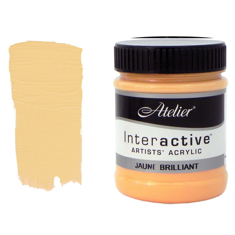Chroma Atelier Interactive Acrylic Paint 250ml Jaune Brillant: jar beside a thick painted swatch of a pale apricot cream