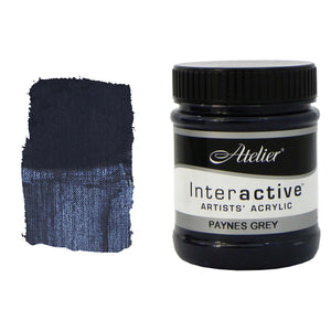 Chroma Atelier Interactive Acrylic Paint 250ml Paynes Grey: jar beside a thick painted swatch of a dark blue-grey, close to navy-black
