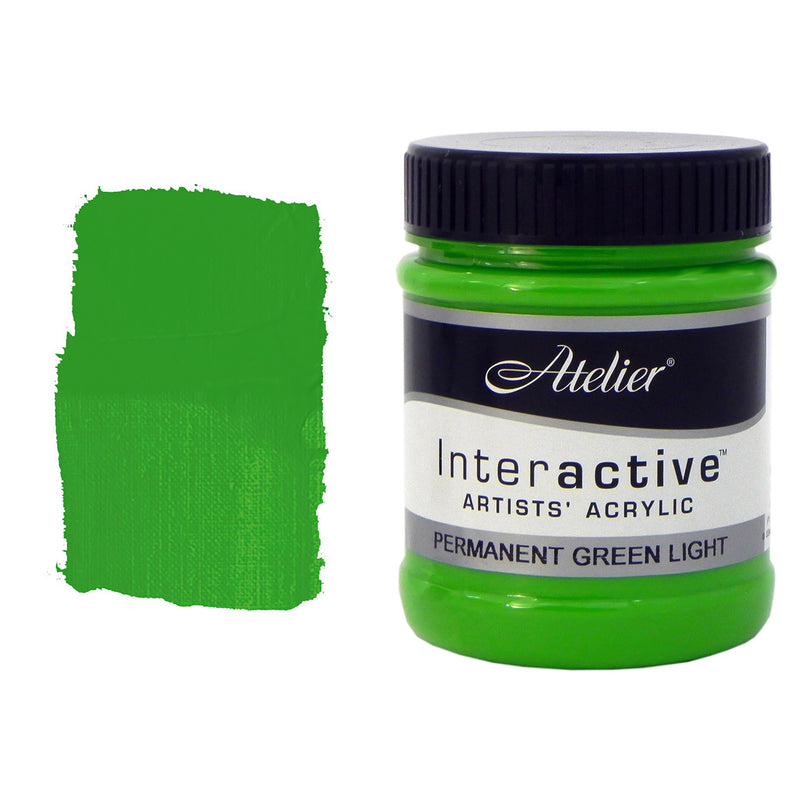 Chroma Atelier Interactive Acrylic Paint 250ml Permanent Green Light: jar beside a thick painted swatch of a bright, fresh mid green