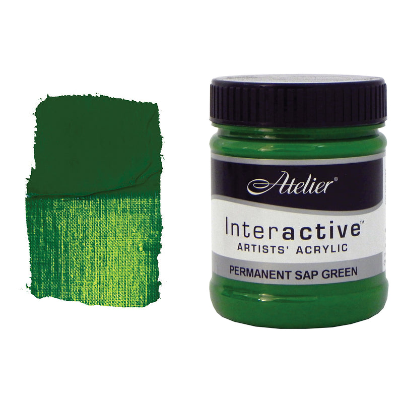 Chroma Atelier Interactive Acrylic Paint 250ml Permanent Sap Green: jar beside a thick painted swatch of a strong mid green