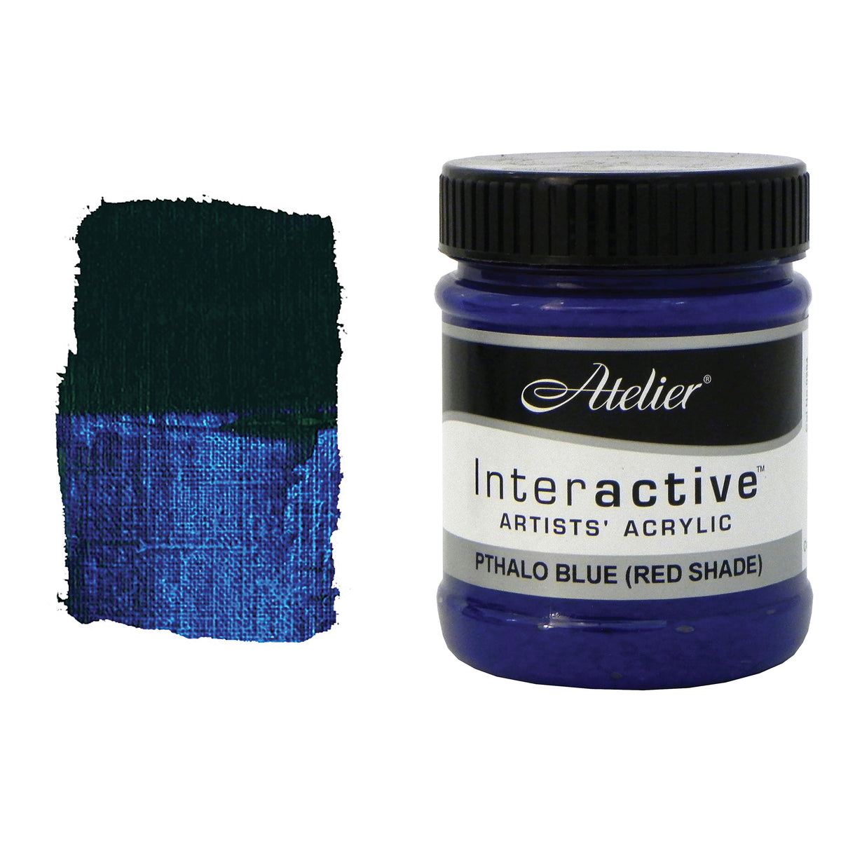 Chroma Atelier Interactive Phthalo Blue (Red Shade) 250ml jar with black screw lid beside a painted swatch showing a blue so deep it reads close to black where thick, turning a vivid royal blue where dragged thin over canvas