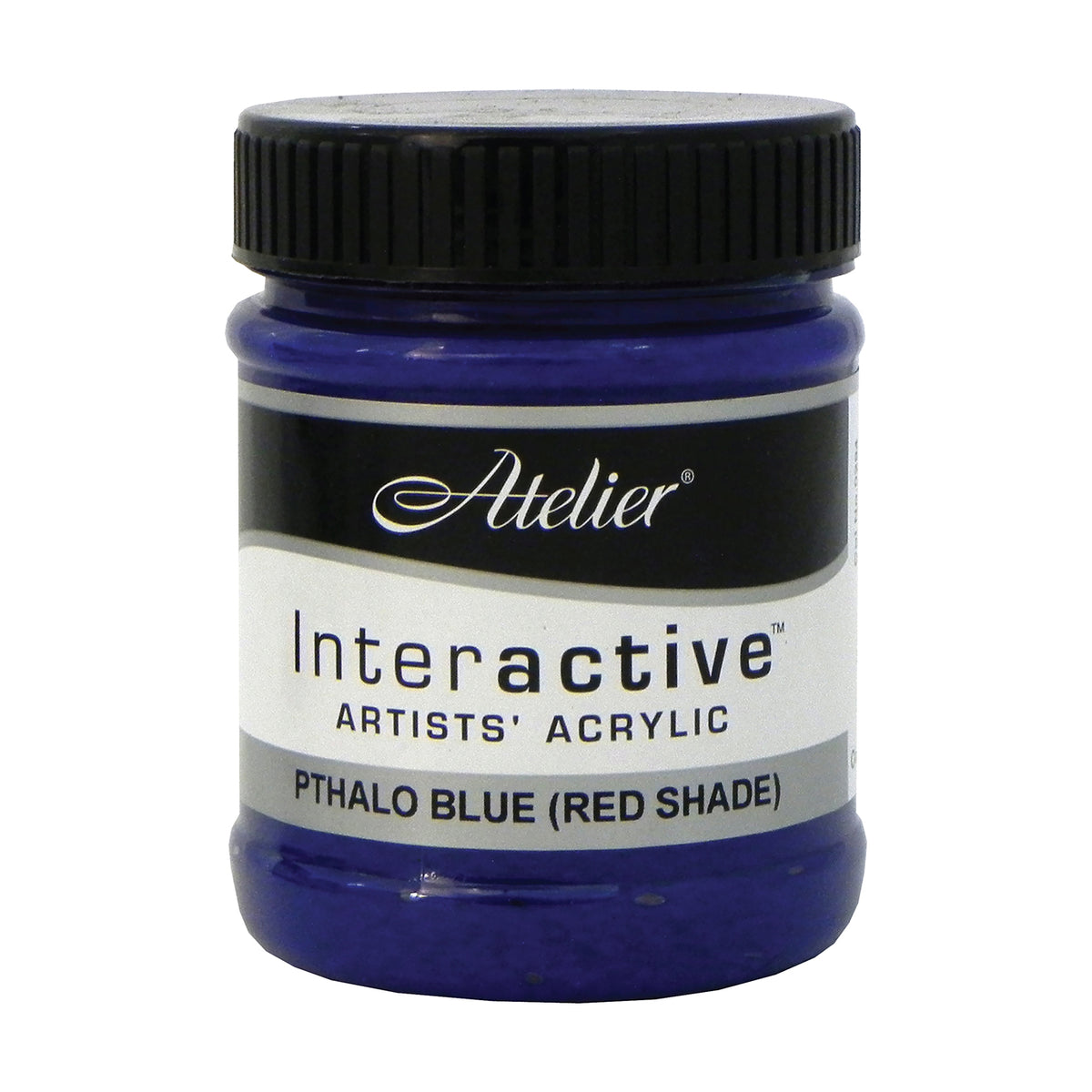 Chroma Atelier Interactive Phthalo Blue (Red Shade) 250ml jar on its own, black screw lid, front label reading Atelier, Interactive Artists' Acrylic and Pthalo Blue (Red Shade)