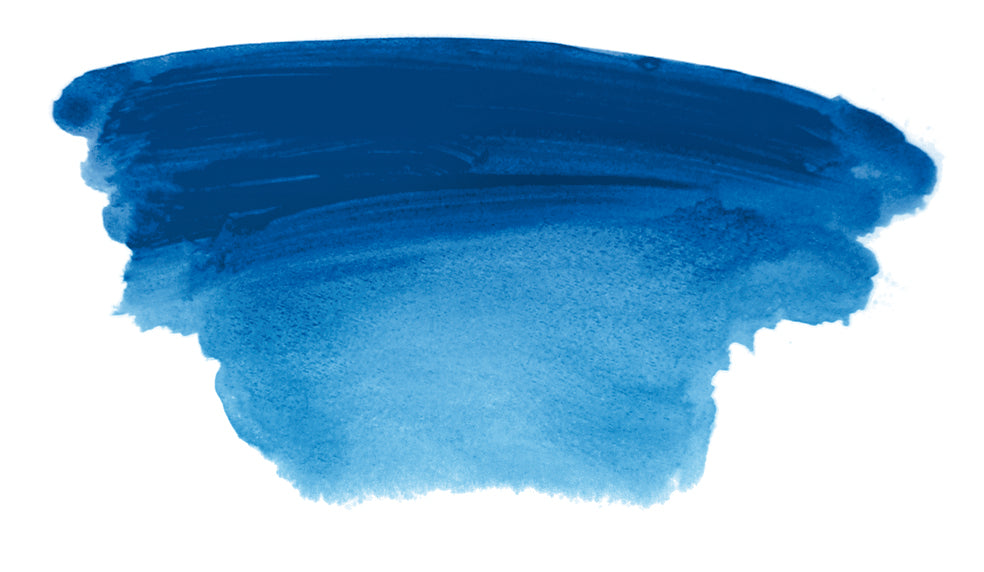 Brush-out swatch of Chroma Atelier Interactive Phthalo Blue (Red Shade) acrylic paint showing a strong cobalt-toned blue fading into a bright sky blue