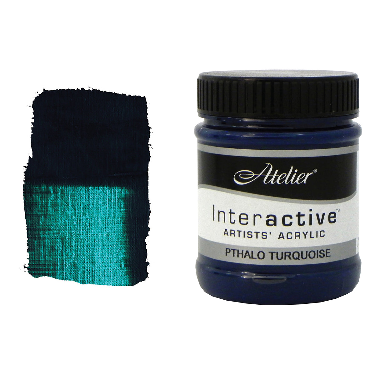 Chroma Atelier Interactive Phthalo Turquoise 250ml jar with black screw lid beside a painted swatch showing a dark teal that looks nearly black when laid on heavily and glows sea green where scraped thin