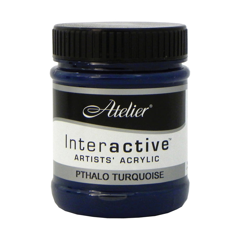 Chroma Atelier Interactive Phthalo Turquoise 250ml jar on its own, black screw lid, front label reading Atelier, Interactive Artists' Acrylic and Pthalo Turquoise