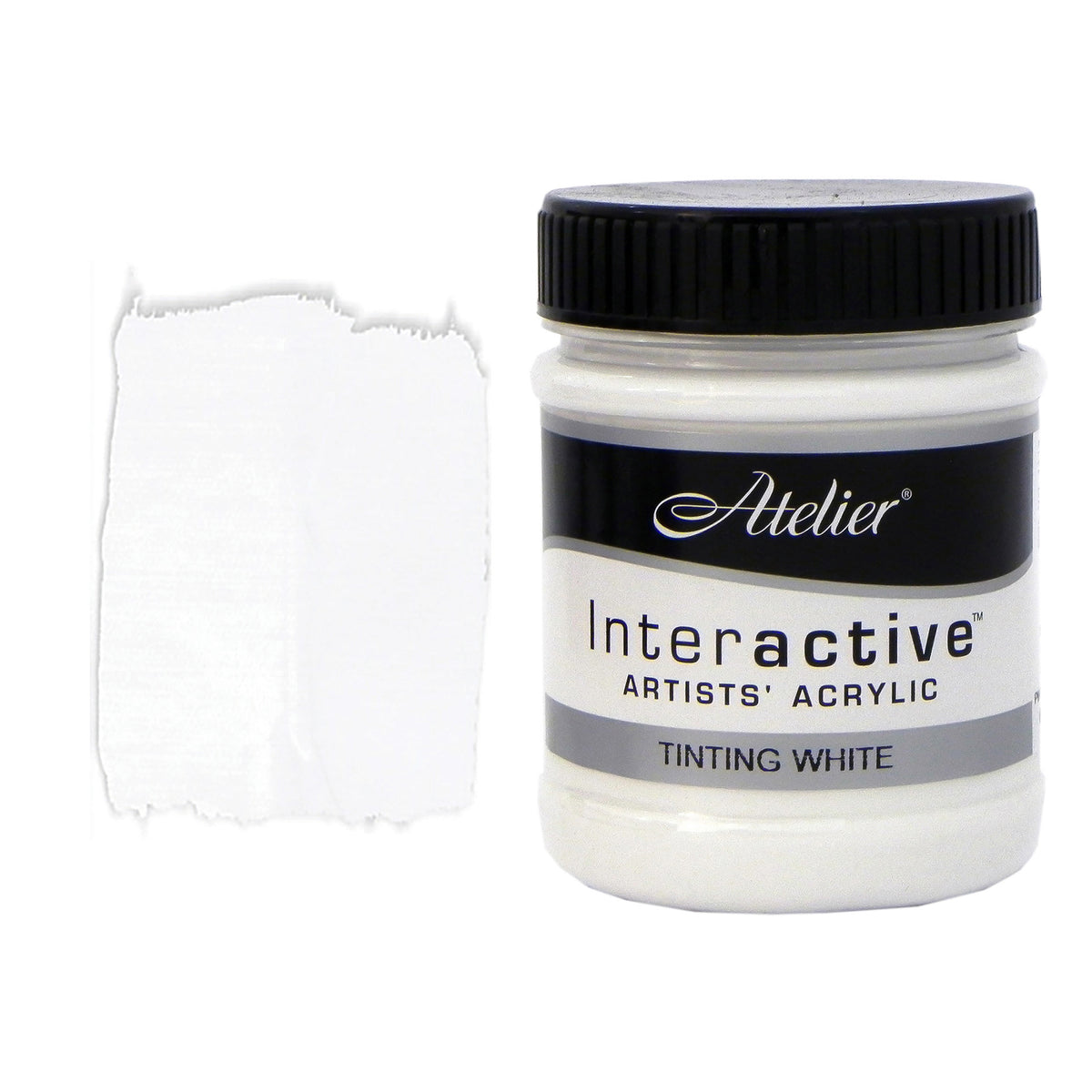Chroma Atelier Interactive Tinting White (Pearl Titanium) 250ml jar with black screw lid beside a painted swatch showing a clean, bright white with a smooth, even surface