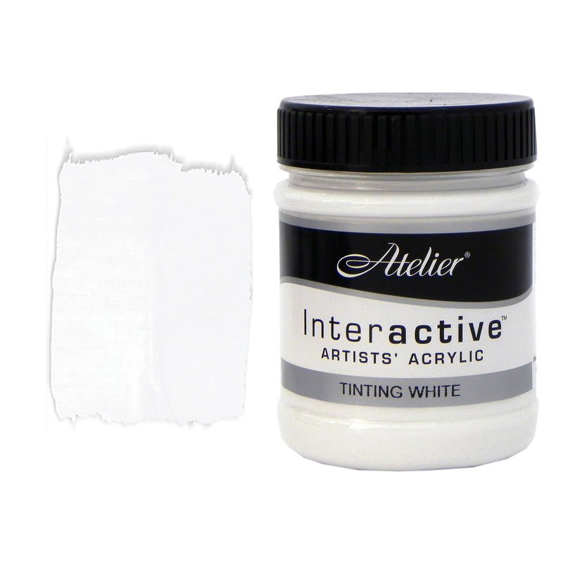 Chroma Atelier Interactive Tinting White (Pearl Titanium) 250ml jar with black screw lid beside a painted swatch showing a clean, bright white with a smooth, even surface
