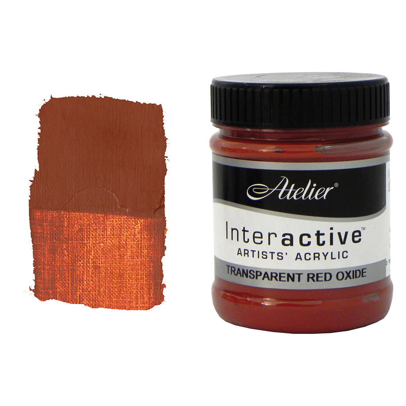 Chroma Atelier Interactive Trans Red Oxide 250ml jar with black screw lid beside a painted swatch showing a rusty red-brown that turns coppery where thinly spread