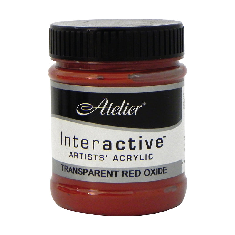 Chroma Atelier Interactive Trans Red Oxide 250ml jar on its own, black screw lid, front label reading Atelier, Interactive Artists' Acrylic and Transparent Red Oxide