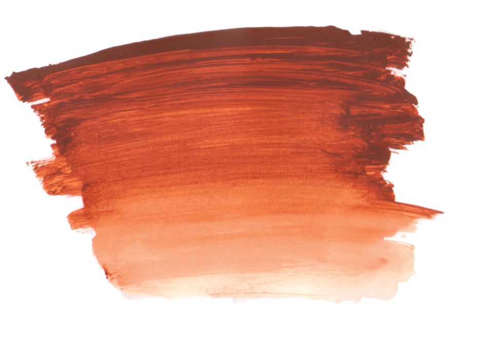 Brush-out swatch of Chroma Atelier Interactive Trans Red Oxide acrylic paint showing a deep brick red that fades through terracotta to salmon