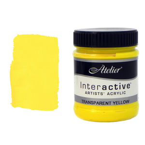 Chroma Atelier Interactive Trans Yellow 250ml jar with black screw lid beside a painted swatch showing a clean, sunny yellow with a slight lemon lean