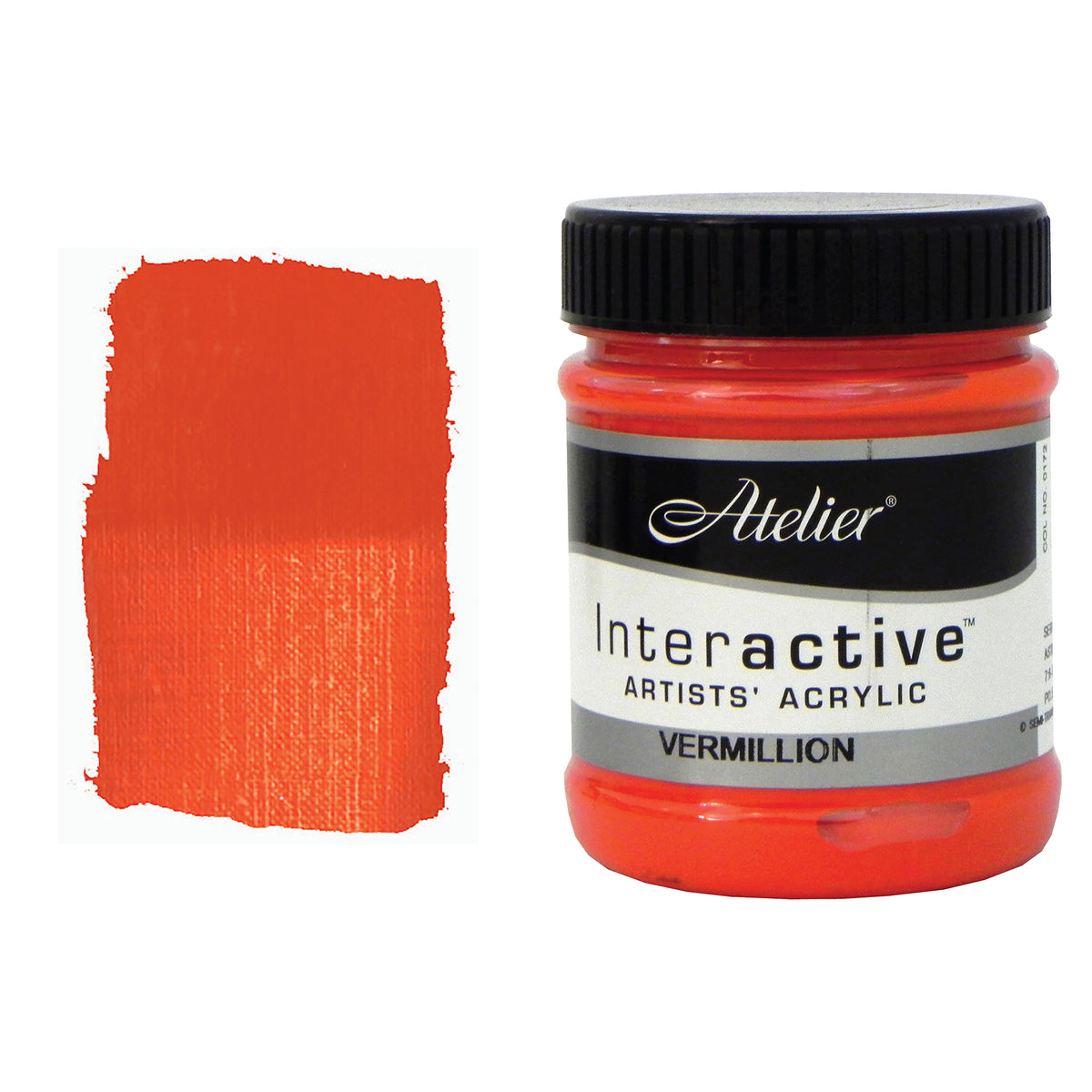 Chroma Atelier Interactive Vermillion 250ml jar with black screw lid beside a painted swatch showing a warm orange-red, bright and punchy