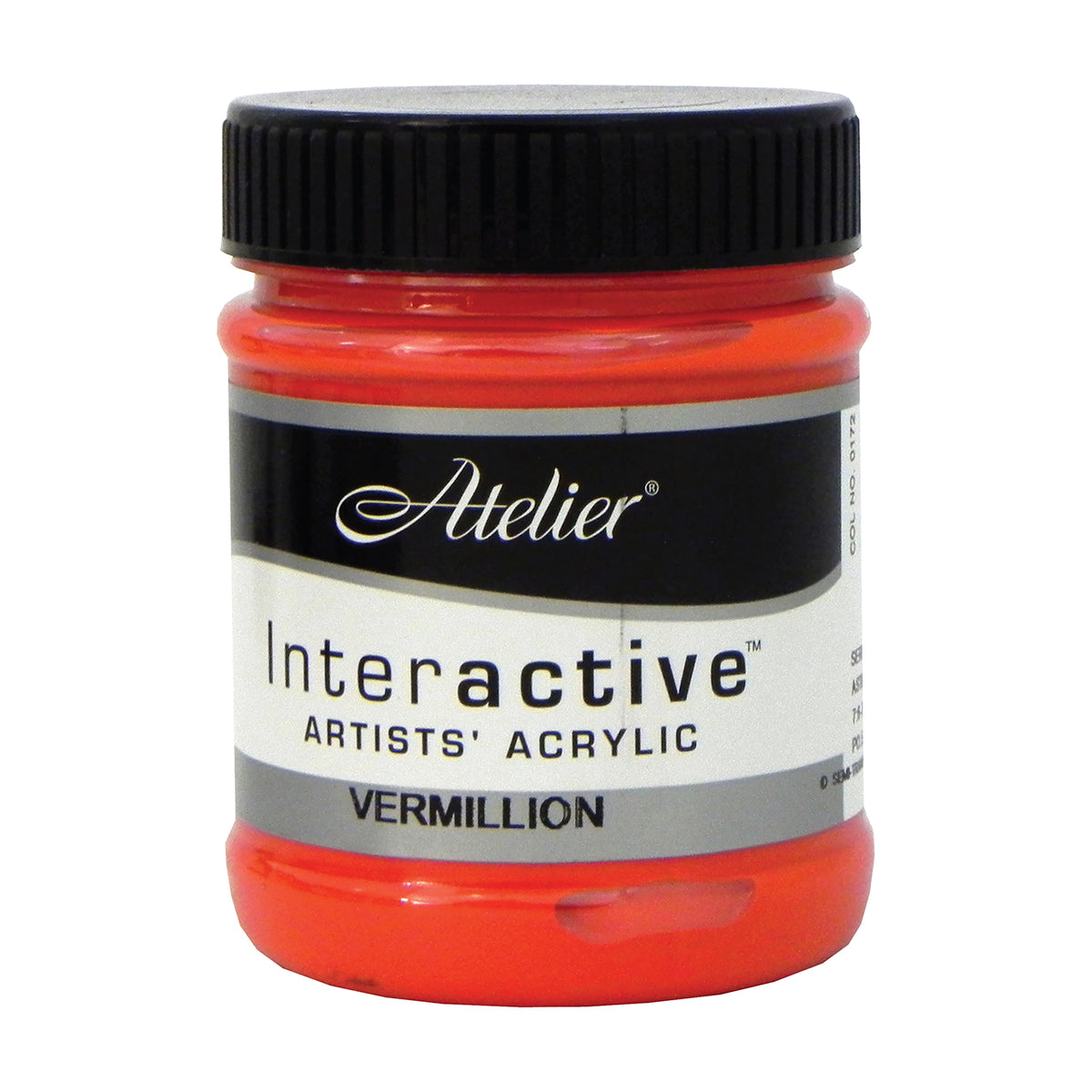 Chroma Atelier Interactive Vermillion 250ml jar on its own, black screw lid, front label reading Atelier, Interactive Artists' Acrylic and Vermillion