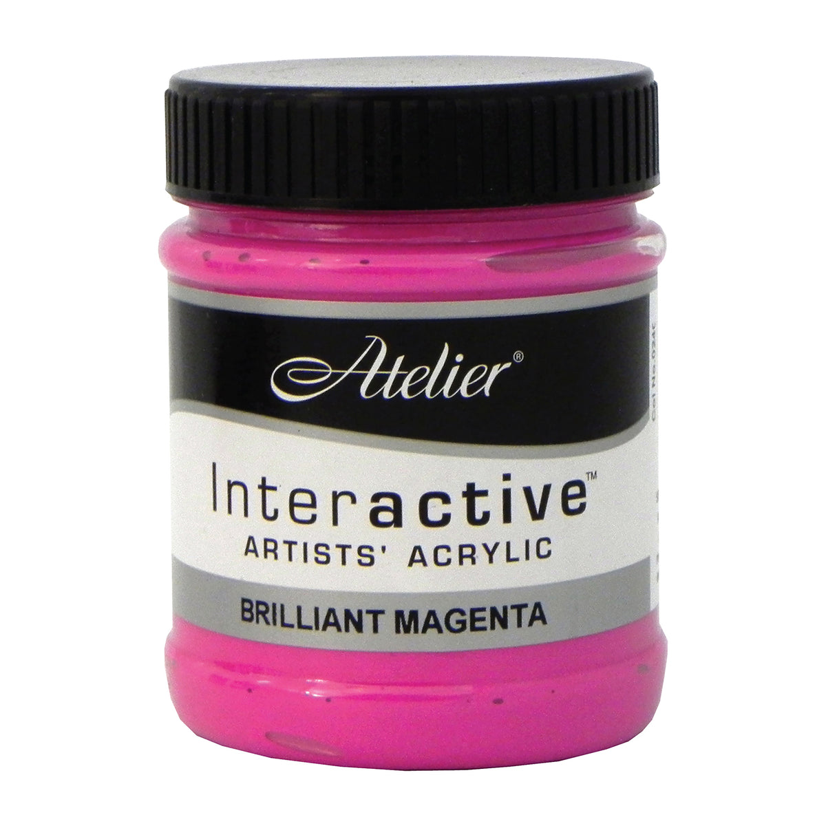 Chroma Atelier Interactive Brilliant Magenta 250ml jar on its own, black screw lid, front label reading Atelier, Interactive Artists' Acrylic and Brilliant Magenta