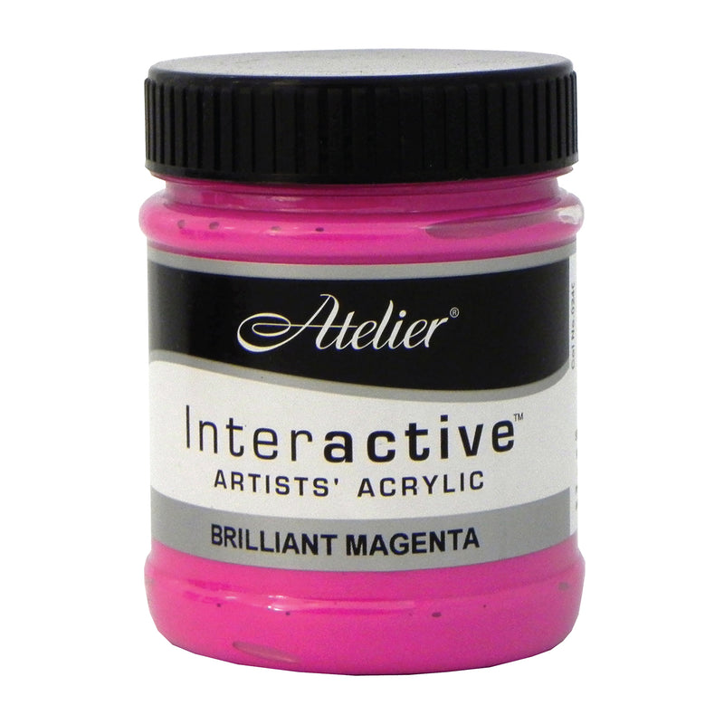 Chroma Atelier Interactive Brilliant Magenta 250ml jar on its own, black screw lid, front label reading Atelier, Interactive Artists' Acrylic and Brilliant Magenta