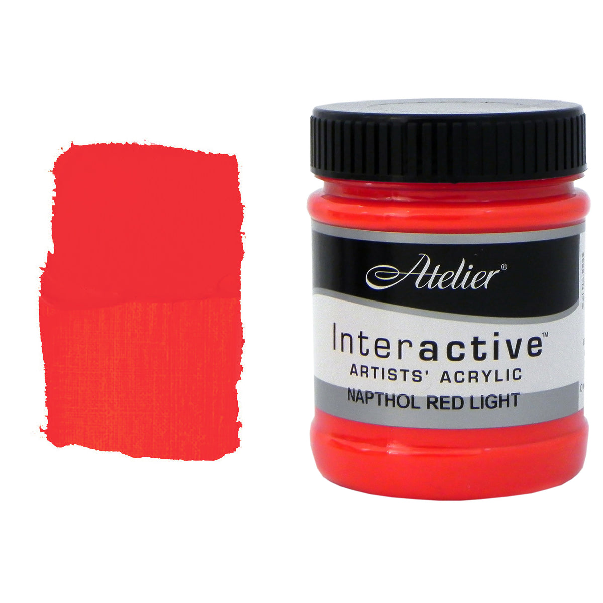 Chroma Atelier Interactive Napthol Red Light 250ml jar with black screw lid beside a painted swatch showing a bright, warm red with a slight orange lean