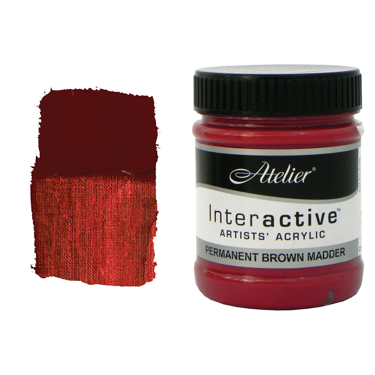 Chroma Atelier Interactive Perm Brown Madder 250ml jar with black screw lid beside a painted swatch showing a dark maroon brown that glows a reddish copper where thinly spread