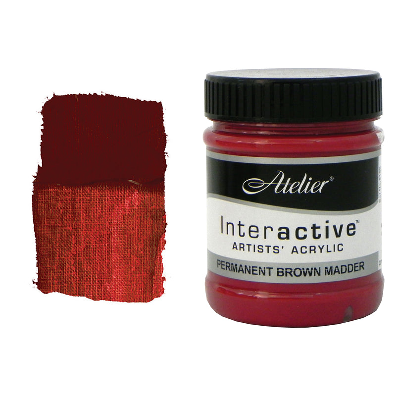 Chroma Atelier Interactive Perm Brown Madder 250ml jar with black screw lid beside a painted swatch showing a dark maroon brown that glows a reddish copper where thinly spread