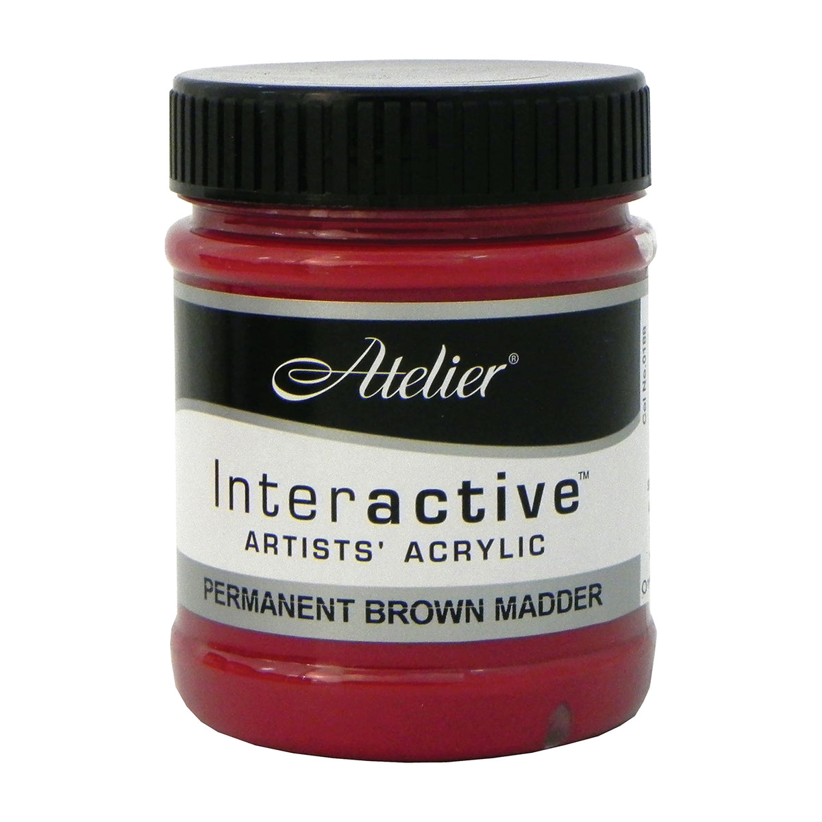 Chroma Atelier Interactive Perm Brown Madder 250ml jar on its own, black screw lid, front label reading Atelier, Interactive Artists' Acrylic and Permanent Brown Madder