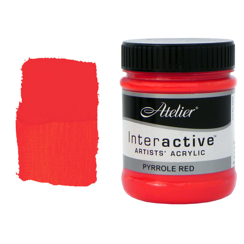 Repeat view of the Chroma Atelier Interactive Pyrrole Red 250ml jar next to its painted canvas swatch in the same colour
