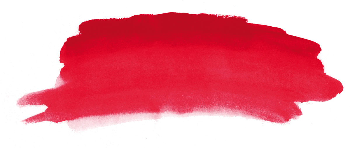 Brush-out swatch of Chroma Atelier Interactive Pyrrole Red acrylic paint showing a cherry red that thins to a soft pink