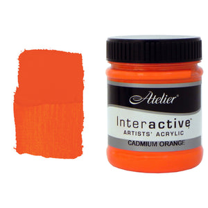 Chroma Atelier Interactive Cadmium Orange 250ml jar with black screw lid beside a painted swatch showing a bright, pure orange with no obvious red or yellow bias