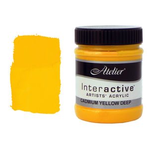 Chroma Atelier Interactive Cadmium Yellow Deep 250ml jar with black screw lid beside a painted swatch showing a warm, golden yellow with an egg-yolk richness
