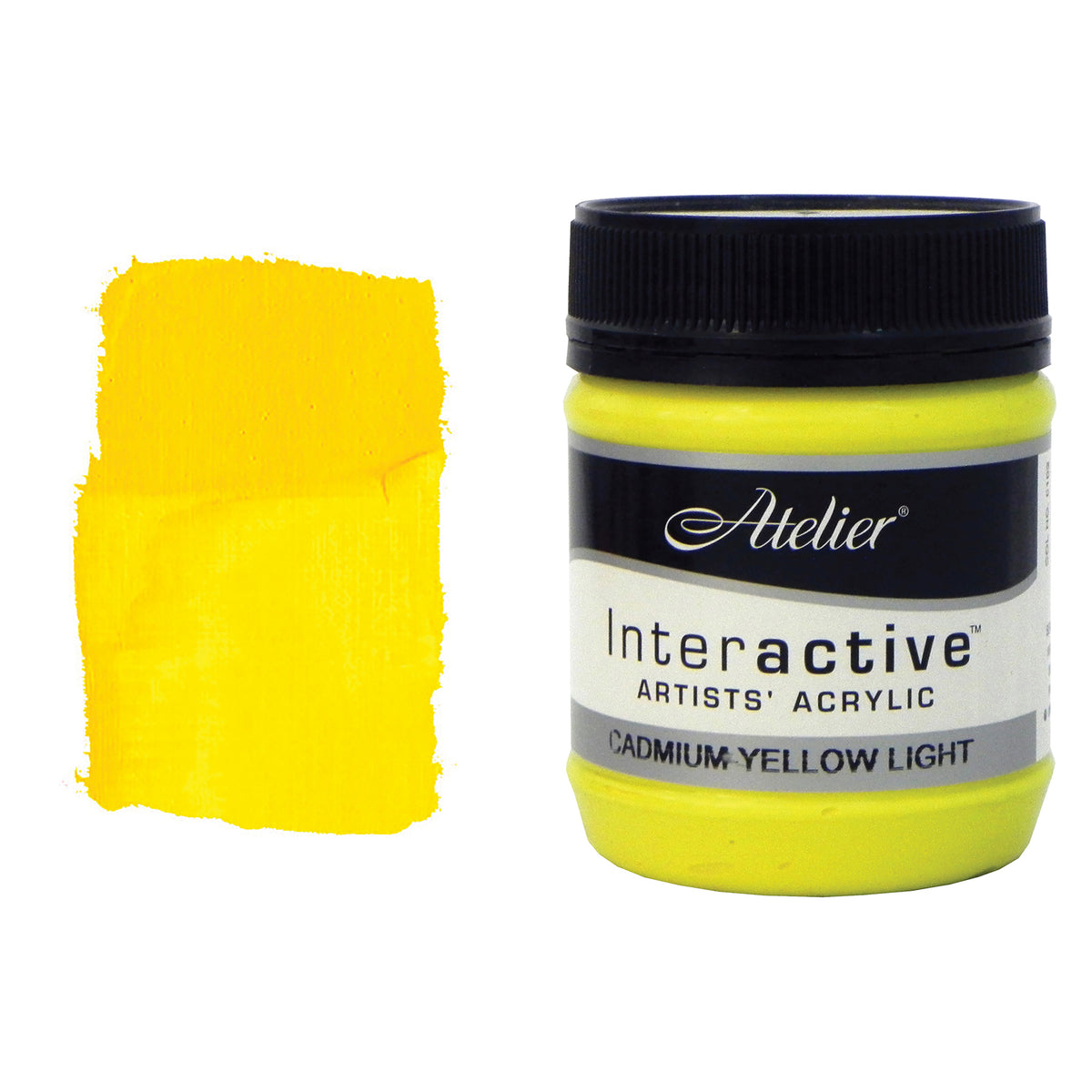 Chroma Atelier Interactive Cadmium Yellow Light 250ml jar with black screw lid beside a painted swatch showing a clean, bright yellow with a lemony freshness