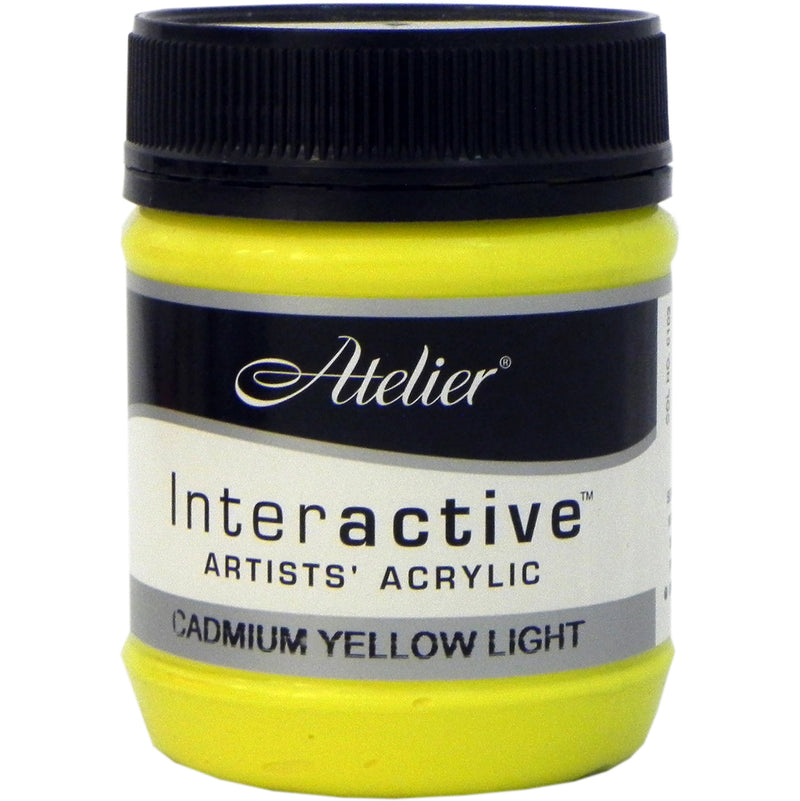Chroma Atelier Interactive Cadmium Yellow Light 250ml jar on its own, black screw lid, front label reading Atelier, Interactive Artists' Acrylic and Cadmium Yellow Light