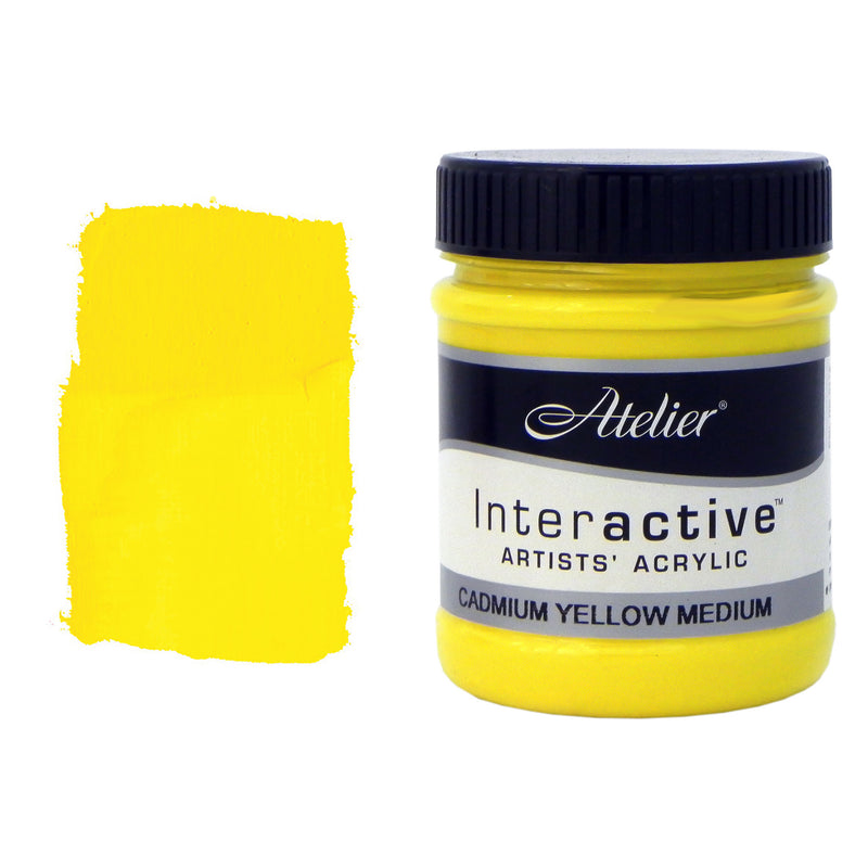 Chroma Atelier Interactive Cadmium Yellow Medium 250ml jar with black screw lid beside a painted swatch showing a strong, sunny mid yellow sitting between lemon and gold