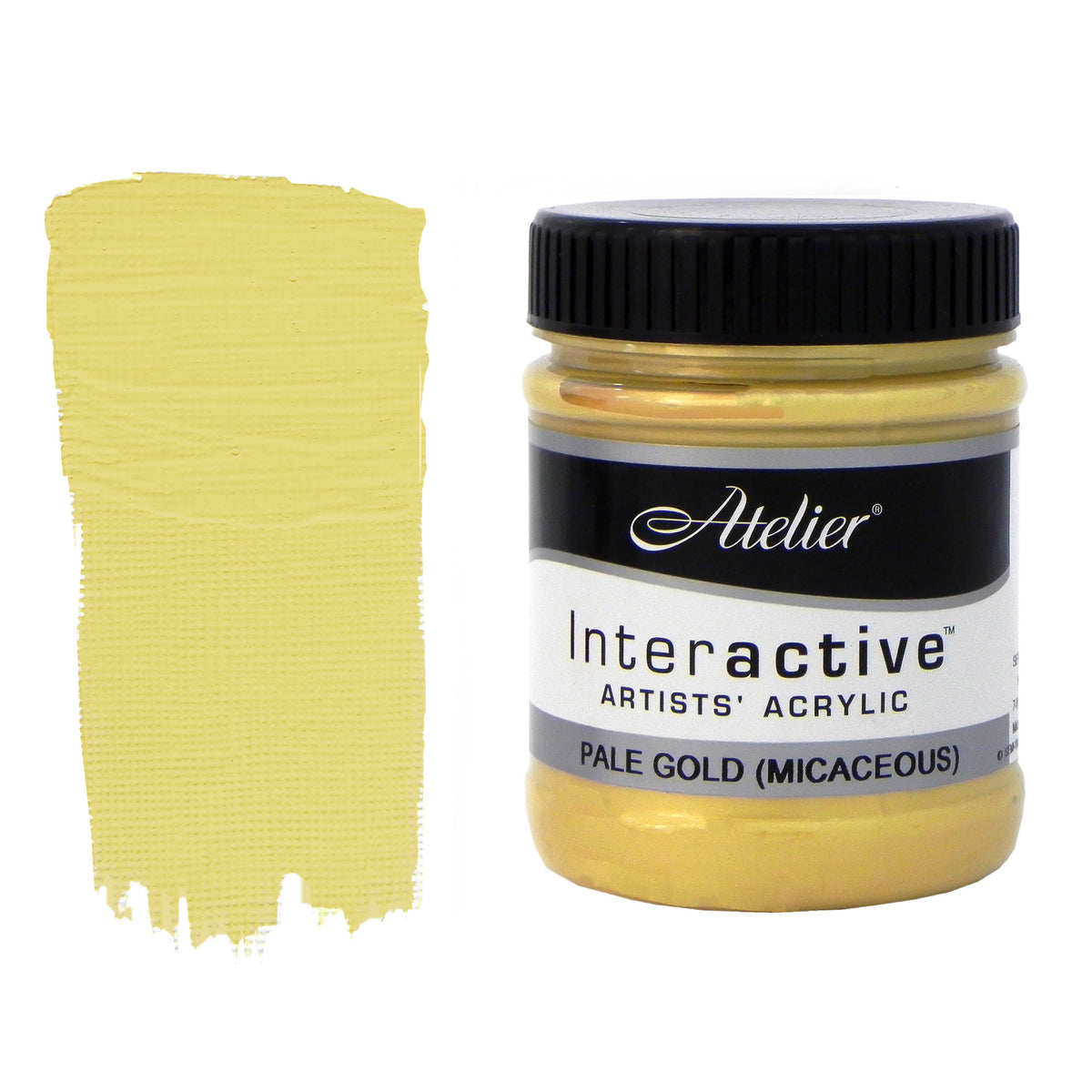 Chroma Atelier Interactive Pale Gold 250ml jar with black screw lid beside a painted swatch showing a soft straw or champagne gold