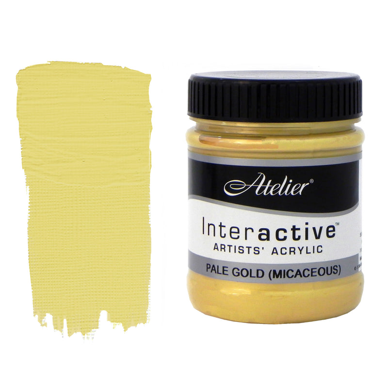 Chroma Atelier Interactive Pale Gold 250ml jar with black screw lid beside a painted swatch showing a soft straw or champagne gold