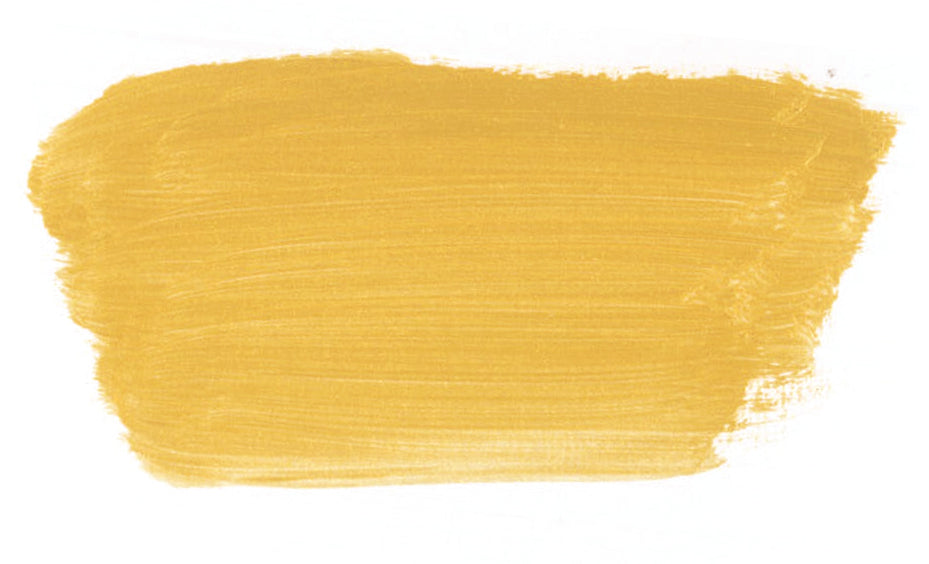 Brush-out swatch of Chroma Atelier Interactive Pale Gold acrylic paint showing a warmer honey gold with visible brush texture