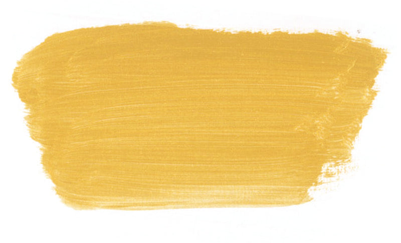 Brush-out swatch of Chroma Atelier Interactive Pale Gold acrylic paint showing a warmer honey gold with visible brush texture