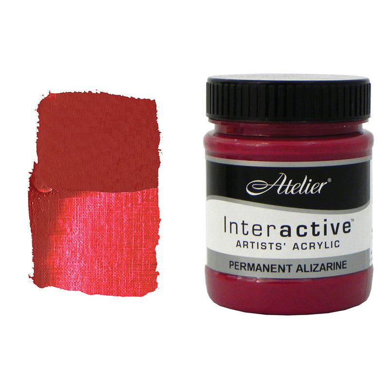 Chroma Atelier Interactive Permanent Alizarine 250ml jar with black screw lid beside a painted swatch showing a deep crimson red that turns rosy where thin